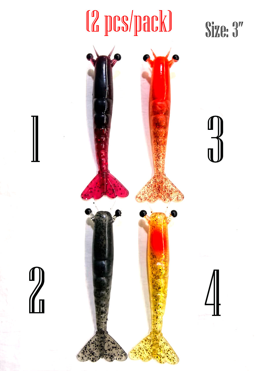 Silicone soft plastic shrimp fishing lures 3" (2 pcs/pack) Same colours
