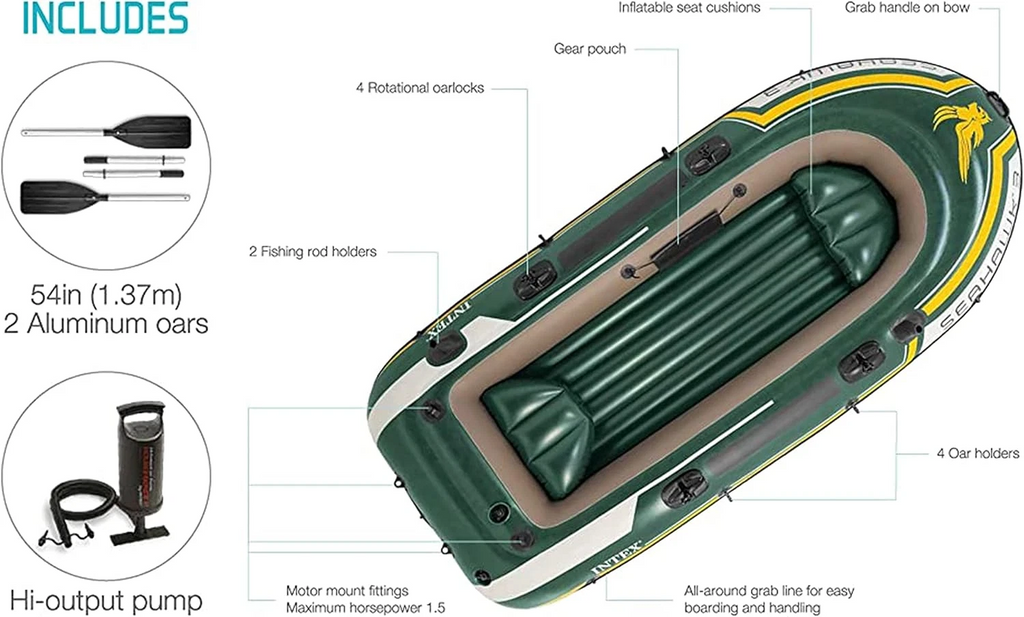 Intex Seahawk 4 INFLATABLE BOATS 3-4 Person w/Oars, High-Output Pump, Fishing Rod Holders
